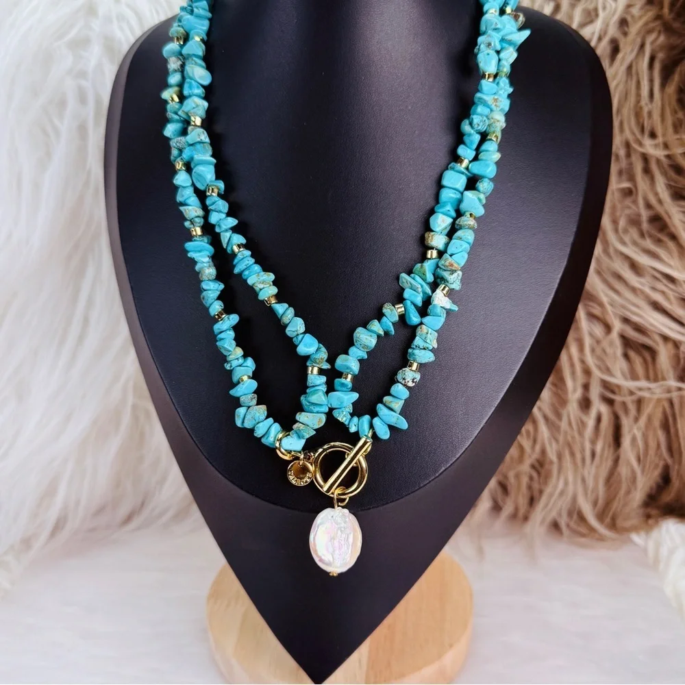 Vintage faux Turquoise Blue Beaded convertible Necklace Gold Accents Faux Pearl